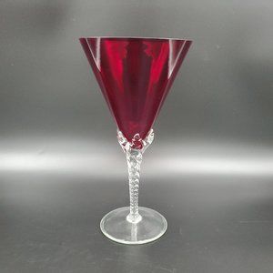 Hand Blown Clear Cranberry Red Wine Glass With Twisted Applied Stem